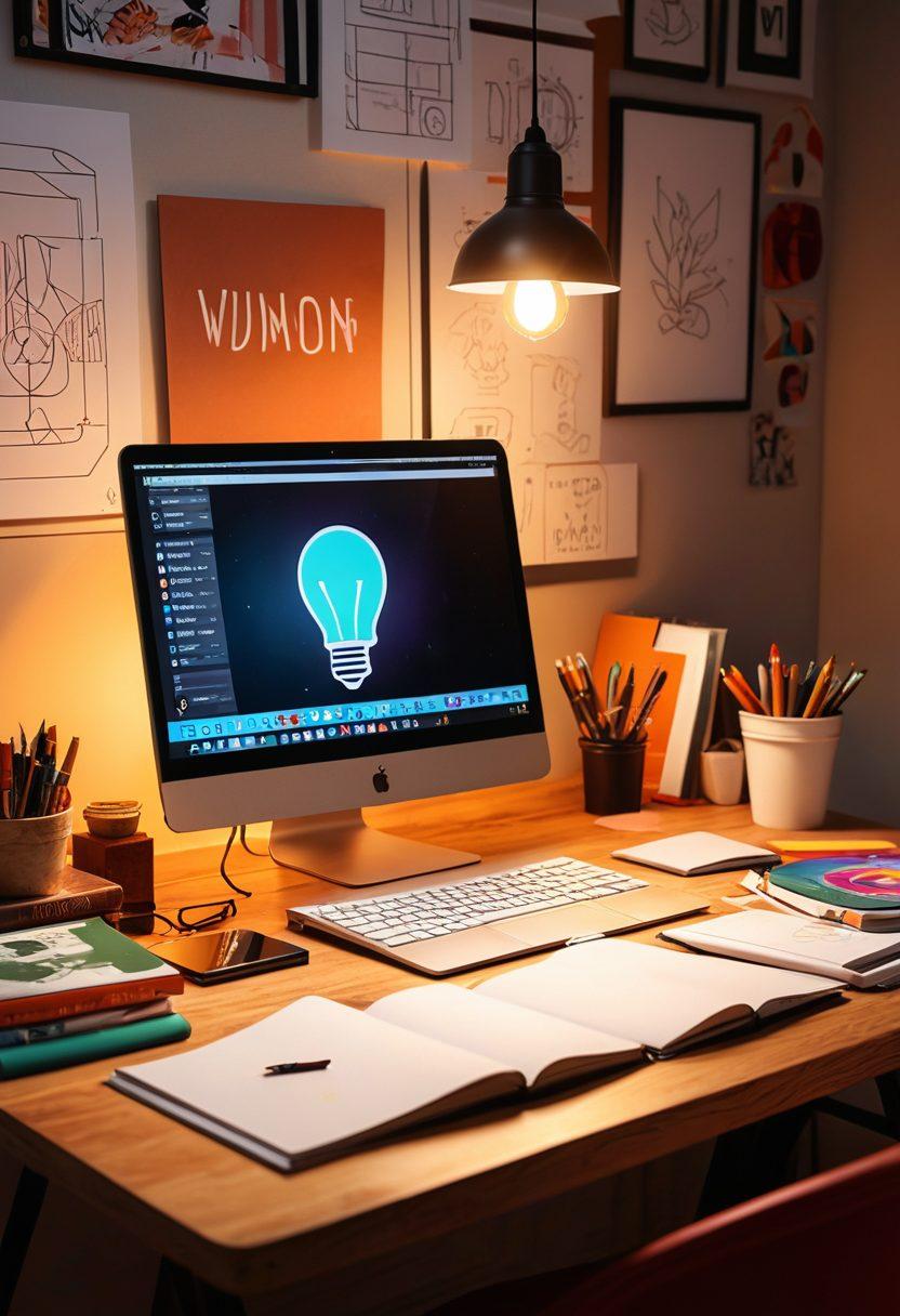 An artistic workspace featuring a designer's desk with sketches, color palettes, and digital mockups of logos in progress. Incorporate elements like a laptop displaying a logo design software, surrounded by color swatches and typography books. Show a light bulb above the desk symbolizing creativity and ideas. Include warm, inviting lighting to evoke inspiration. vibrant colors. 3D. digital art.