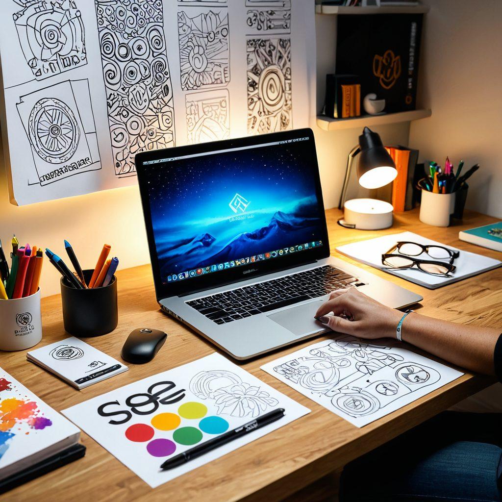 An elegant workspace showcasing a designer at their desk, sketching unique logo concepts with colorful markers, surrounded by mood boards and inspiring designs. Include a laptop displaying digital logo design software, vibrant branding materials, and soft lighting for a warm atmosphere. super-realistic. vibrant colors. 3D.
