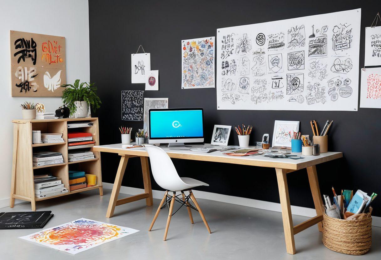 A visually striking scene of an artist's workspace featuring colorful sketches of logos on a large table, vibrant paint splashes in the background, and a digital tablet showing a sleek logo design in progress. Incorporate themed elements like trendy branding materials, stylish typography, and a mood board filled with color swatches and design inspiration. Set against an inspiring, bright studio ambiance. super-realistic. vibrant colors. white background.